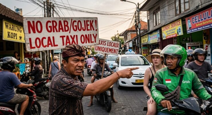 Conflit entre taxi local et chauffeur Grab à Bali devant un panneau No Go Zone, guide transport et arnaques.