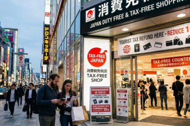 Deux touristes consultant leurs passeports devant un comptoir de détaxe "Tax-Free Shop" dans une rue animée du Japon, avec une affiche indiquant "Réduction 10%".