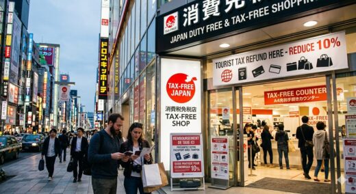Deux touristes consultant leurs passeports devant un comptoir de détaxe "Tax-Free Shop" dans une rue animée du Japon, avec une affiche indiquant "Réduction 10%".