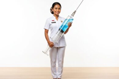 Une infirmière indonésienne souriante tenant une seringue géante remplie de liquide bleu sur un fond blanc épuré, illustrant avec humour la préparation médicale pour un voyage à Bali.
