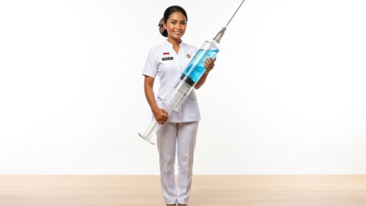 Une infirmière indonésienne souriante tenant une seringue géante remplie de liquide bleu sur un fond blanc épuré, illustrant avec humour la préparation médicale pour un voyage à Bali.