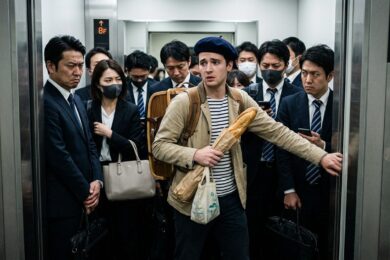 Un homme français portant un béret et une marinière coincé dans un ascenseur japonais bondé. Sa baguette bloque la fermeture des portes, provoquant des regards noirs et agacés de la part de plusieurs hommes d'affaires japonais en costume.