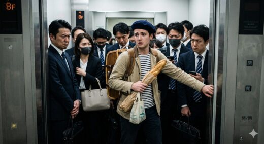 Un homme français portant un béret et une marinière coincé dans un ascenseur japonais bondé. Sa baguette bloque la fermeture des portes, provoquant des regards noirs et agacés de la part de plusieurs hommes d'affaires japonais en costume.