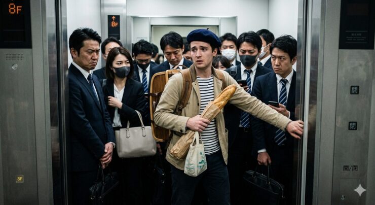 Un homme français portant un béret et une marinière coincé dans un ascenseur japonais bondé. Sa baguette bloque la fermeture des portes, provoquant des regards noirs et agacés de la part de plusieurs hommes d'affaires japonais en costume.