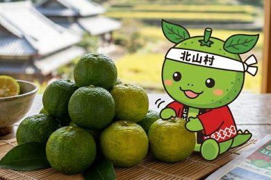 Mascotte du Jabara de Kitayama devant un tas de fruits Jabara frais sur une table en bois