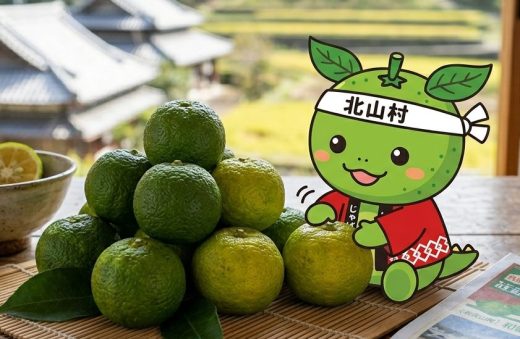 Mascotte du Jabara de Kitayama devant un tas de fruits Jabara frais sur une table en bois