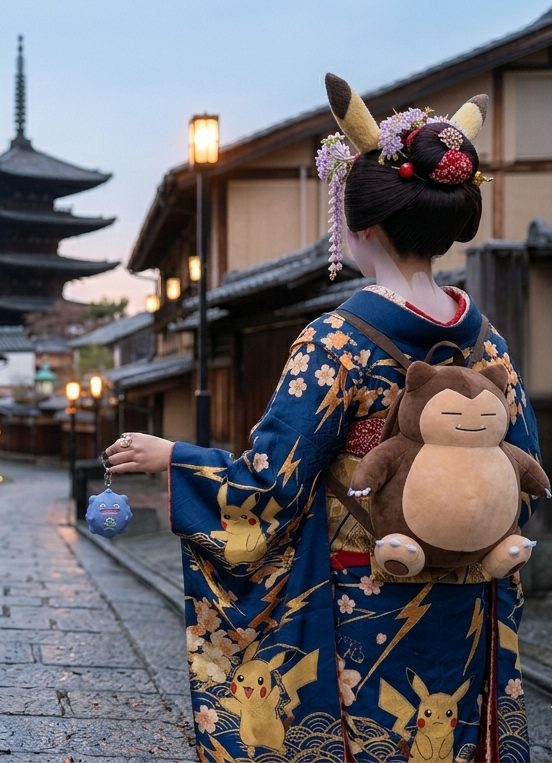 Vue de dos d'une jeune femme en kimono bleu marine orné de motifs Pikachu et d'éclairs dorés, déambulant dans une rue pavée traditionnelle de Kyoto au crépuscule. Elle porte un grand sac à dos en peluche Ronflex (Snorlax) et tient une petite breloque Smogo (Koffing) à la main. Sa coiffure traditionnelle est surmontée d'accessoires en forme d'oreilles de Pikachu, avec la pagode Yasaka en arrière-plan.