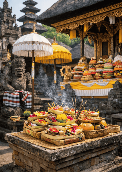 Temple hindou balinais avec offrandes colorées de fleurs, fruits et encens disposées sur un autel en pierre, entouré de parasols cérémoniels et de sculptures traditionnelles.