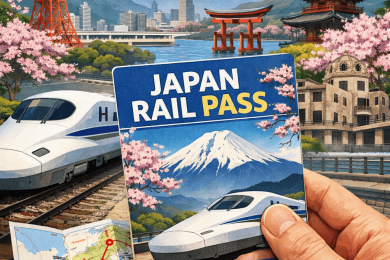 Main tenant un Japan Rail Pass devant un paysage emblématique du Japon : un Shinkansen blanc, le mont Fuji enneigé, Tokyo Tower, un torii rouge et des cerisiers en fleurs. À côté, une carte du Japon relie Tokyo, Kyoto, Osaka et Hiroshima, entourée de cartes Suica et de billets de yen.