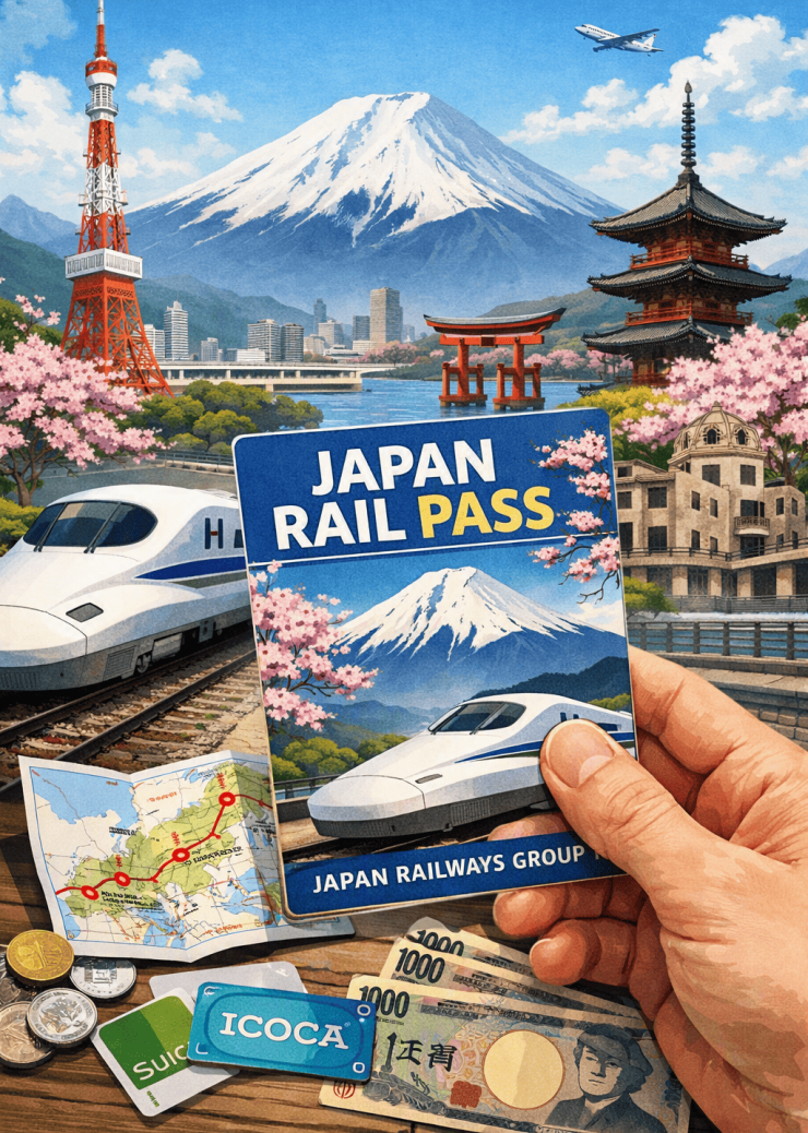 Main tenant un Japan Rail Pass devant un paysage emblématique du Japon : un Shinkansen blanc, le mont Fuji enneigé, Tokyo Tower, un torii rouge et des cerisiers en fleurs. À côté, une carte du Japon relie Tokyo, Kyoto, Osaka et Hiroshima, entourée de cartes Suica et de billets de yen.