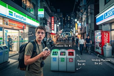 A humorous, illustrated street scene in Tokyo at night, showing a bewildered tourist holding an onigiri wrapper and searching for a trash can. Brightly lit FamilyMart and Lawson convenience stores line the street, accompanied by vending machines and visible recycling stations just steps away, proving that disposal bins are actually easy to find.