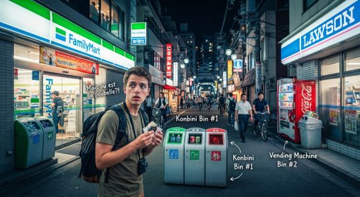 A humorous, illustrated street scene in Tokyo at night, showing a bewildered tourist holding an onigiri wrapper and searching for a trash can. Brightly lit FamilyMart and Lawson convenience stores line the street, accompanied by vending machines and visible recycling stations just steps away, proving that disposal bins are actually easy to find.